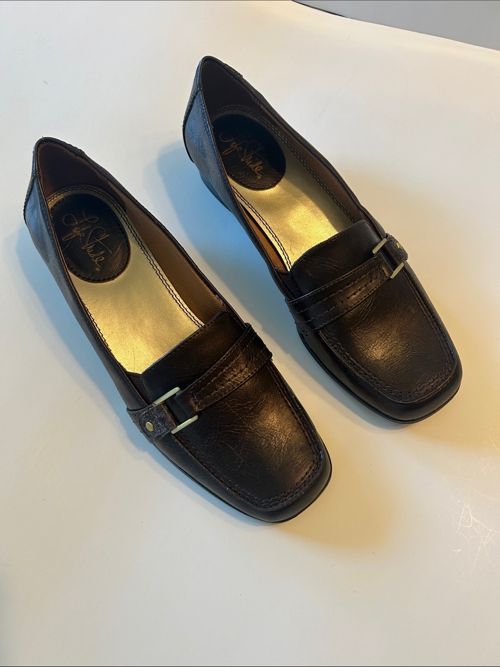 Life Stride Brown Leather Slip-On Loafers with Buckle